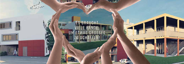 Hände formen ein Herz vor dem geplanten Hospizneubau